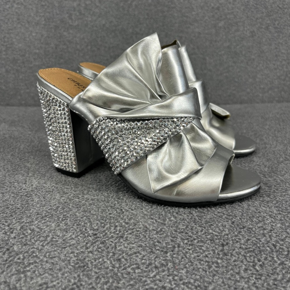 Christian Siriano Mules Women 5 Silver Rhinestone Block Heel Bow Peep Toe Glam‎
